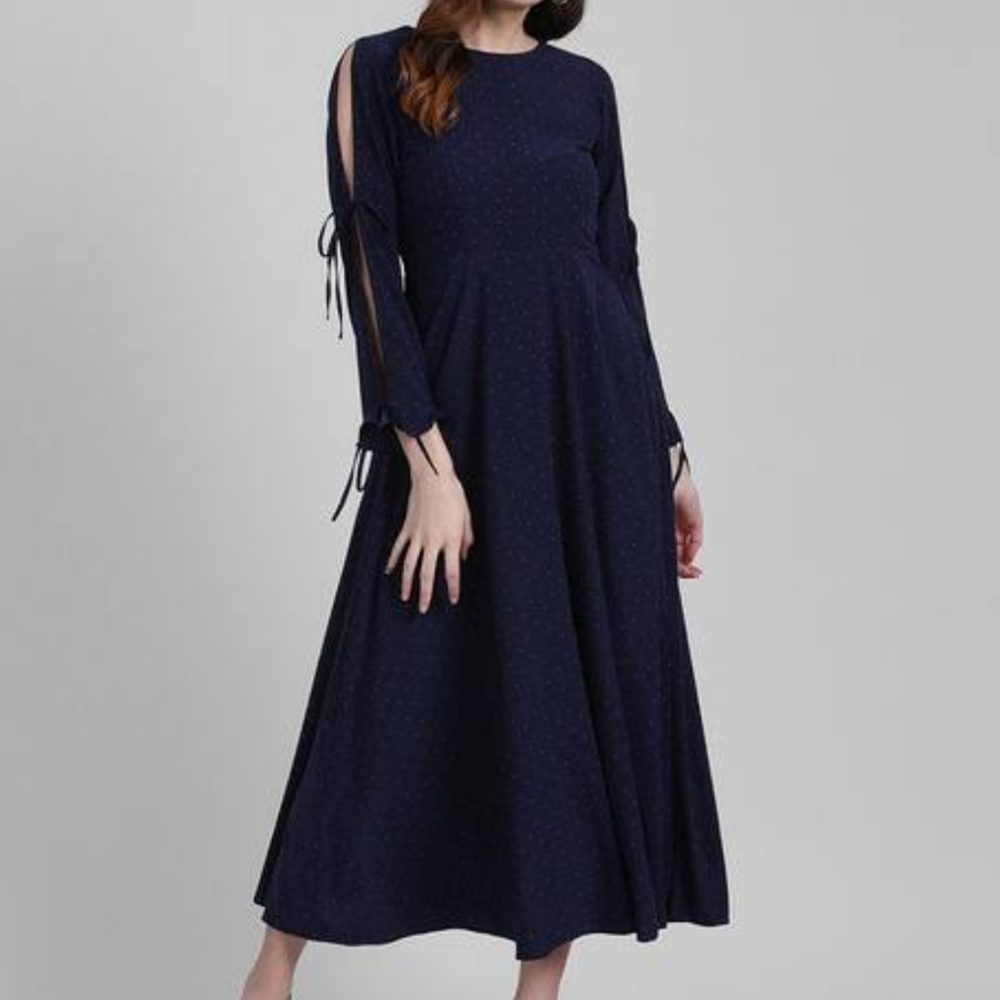 Zink London Navy Blue and Tan Polka Dot Open Tie Sleeve Midi Dress